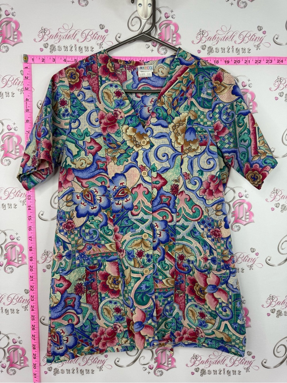 Barco Uniforms button up scrubs Multicolor Floral Scroll Print Scrub Top